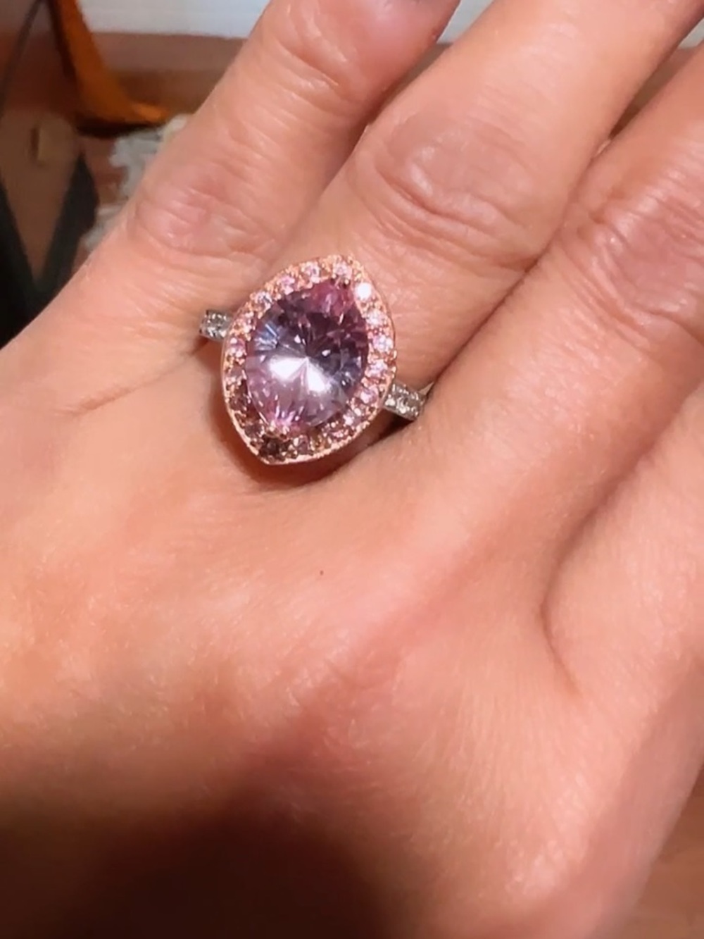 Rose and white Gold Pink Pear-Cut Halo Cocktail Ring - Women Jewelry
